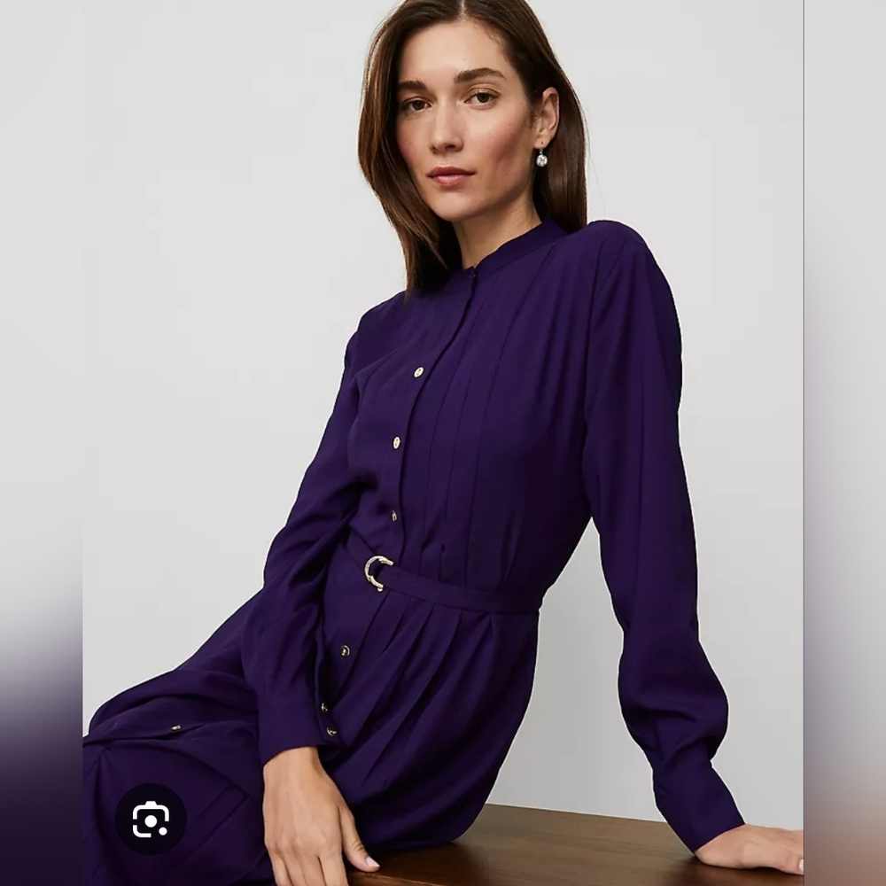 Ann Taylor Pleated Button Up Midi Dress Purple Size 14 *No Belt